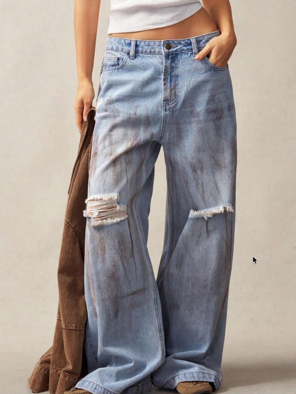 Light Wash Distressed Wide leg Low Waist Denim Jeans pants - Picture 6 of 8